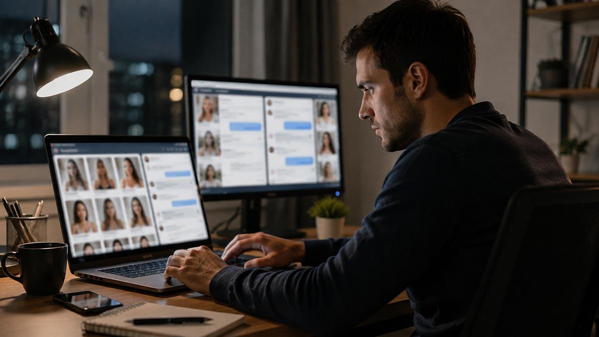 Operador de chat gestionando varios perfiles femeninos en un sitio de citas ucraniano