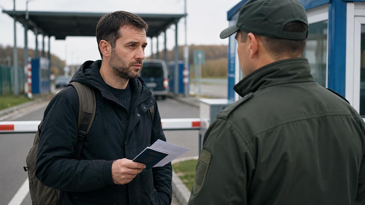 Hombre ucraniano presenta sus documentos a un agente fronterizo para salir de Ucrania en 2026