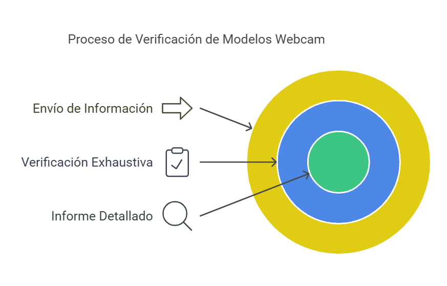 Proceso de verificación de modelos webcam: envío de información, análisis exhaustivo y entrega de informe detallado en 24 a 48 horas.