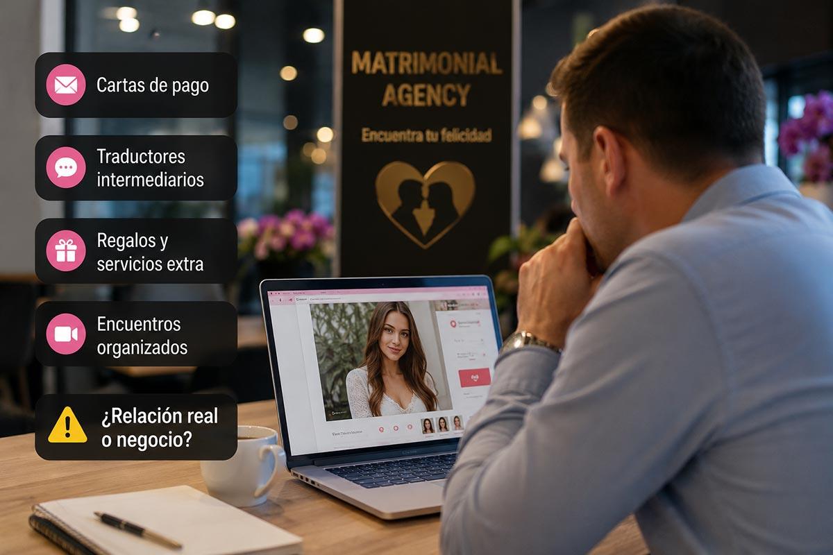 Hombre analizando el perfil de una mujer en una agencia matrimonial ucraniana con cartas de pago, traductores y servicios extra