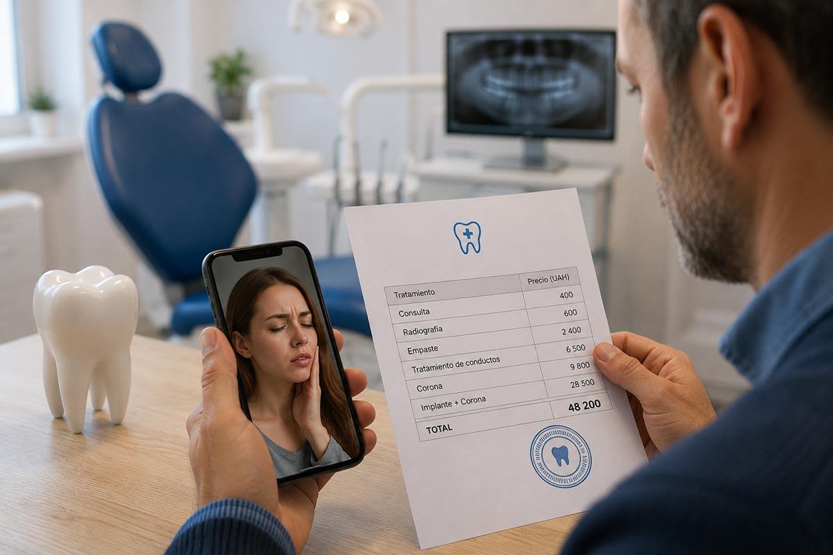Hombre revisando una factura dental y una videollamada con una mujer ucraniana antes de enviar dinero