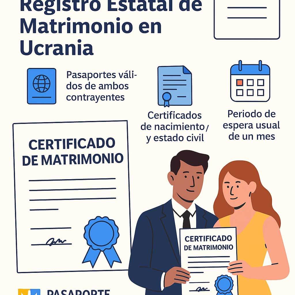 Infografía sobre el registro estatal de matrimonio en Ucrania con requisitos, documentos y pareja mostrando certificado oficial.