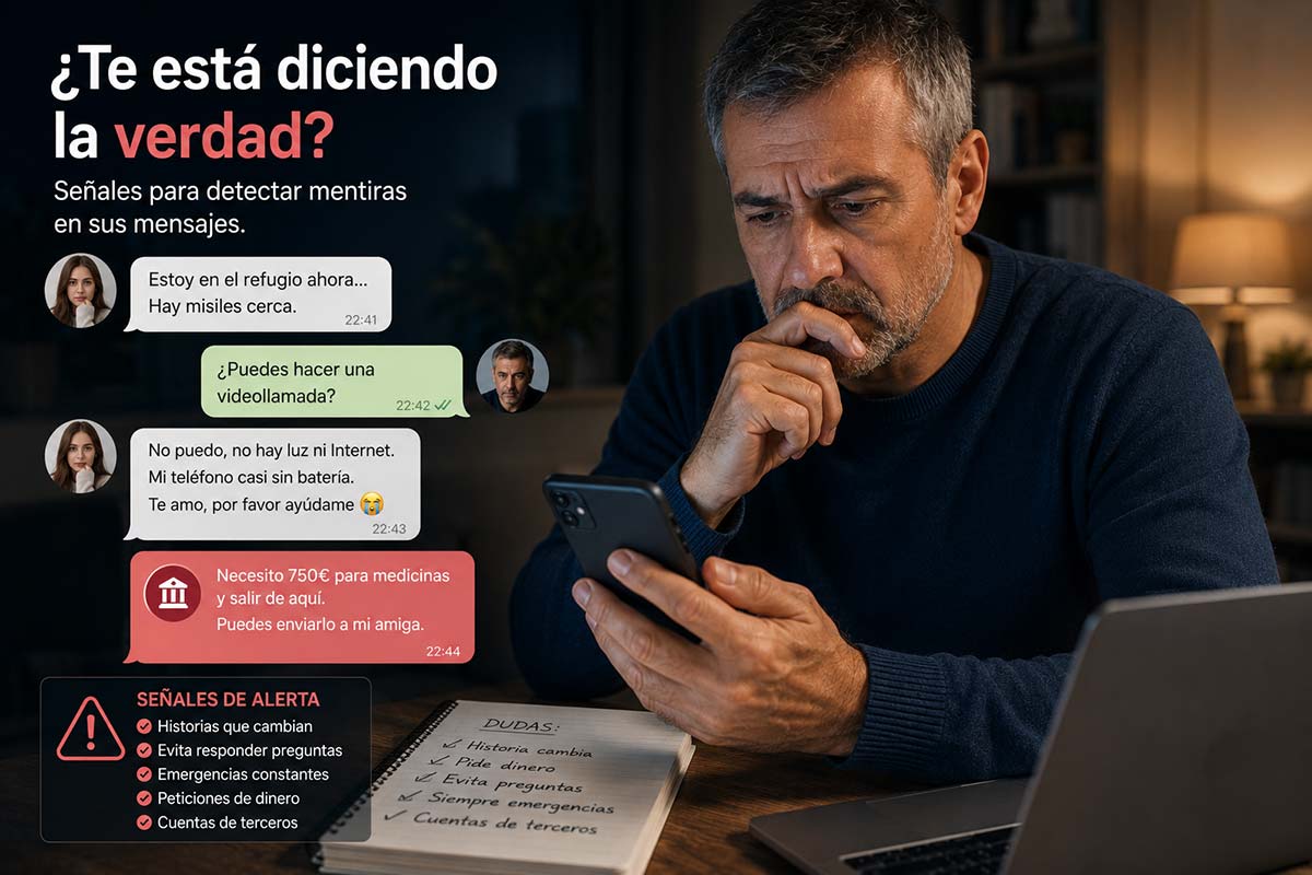 Hombre analizando mensajes de una mujer ucraniana para detectar mentiras, contradicciones y posibles señales de estafa romántica