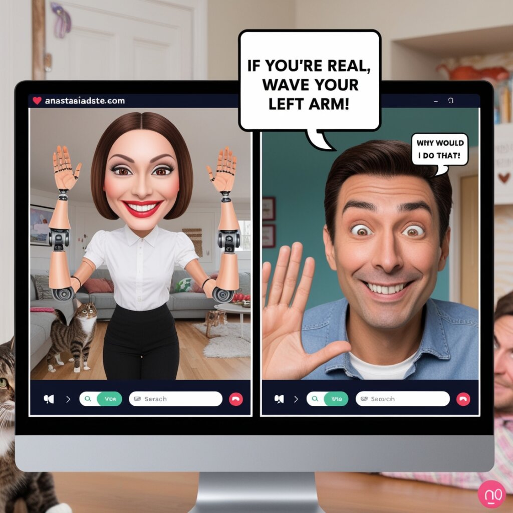 imagen humorística e inteligente que muestra personajes generados por IA en un sitio de citas como AnastasiaDate.com