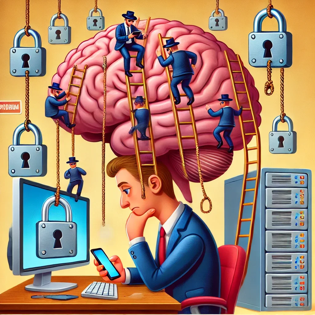 Una ilustración digital humorística e inteligente que representa la ingeniería social en la era digital. La imagen muestra a una persona con un cerebro gigante abierto