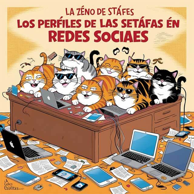 Una ilustración caprichosa y vibrante con un grupo de gatos perezosos descansando en un escritorio desordenado, rodeados de ordenadores portátiles, teléfonos inteligentes y papeles esparcidos, que describe con humor los peligros de las estafas en las redes sociales.
