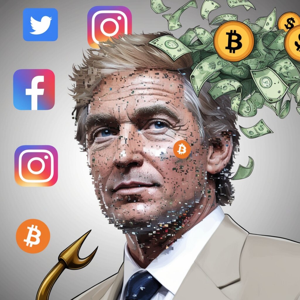 cara de un famoso hecha de fragmentos digitales pixelados, desvaneciéndose en una nube de iconos de redes sociales, dinero y señales de advertencia.