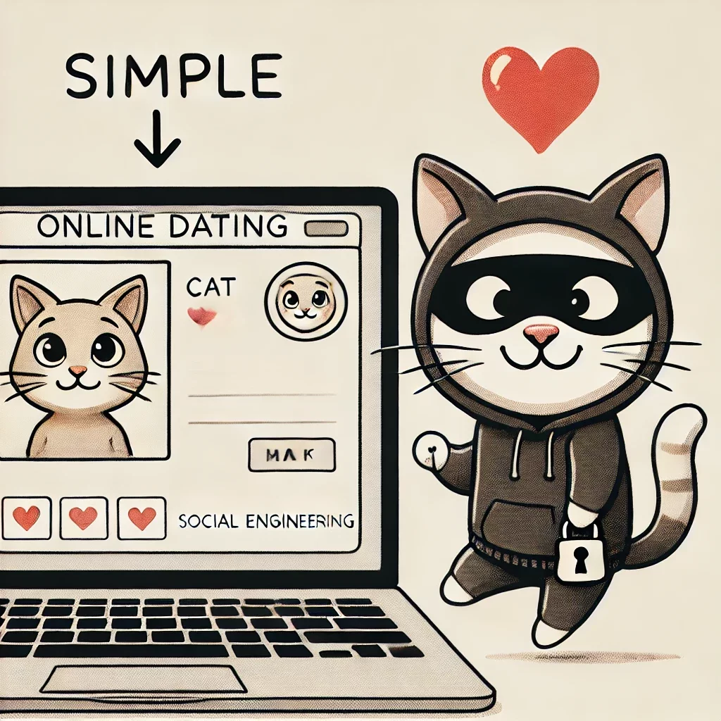 ingeniería social, que refleja el contraste entre las conexiones auténticas y el engaño. imagen lúdica con gatos