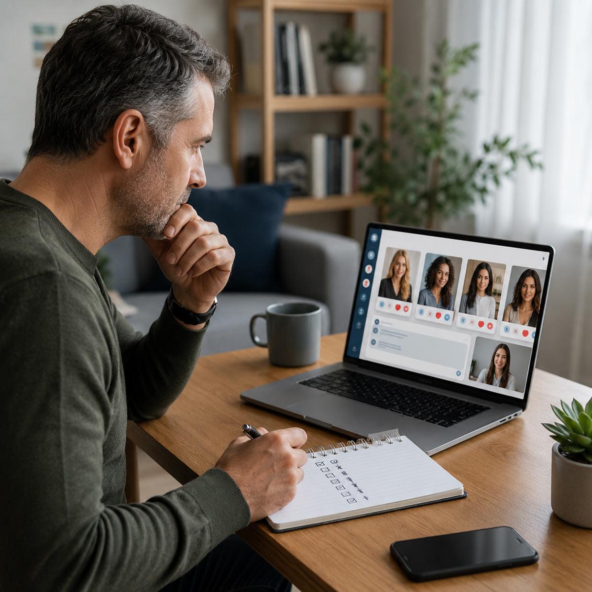 Hombre comparando sitios para conocer mujeres rusas online en 2026