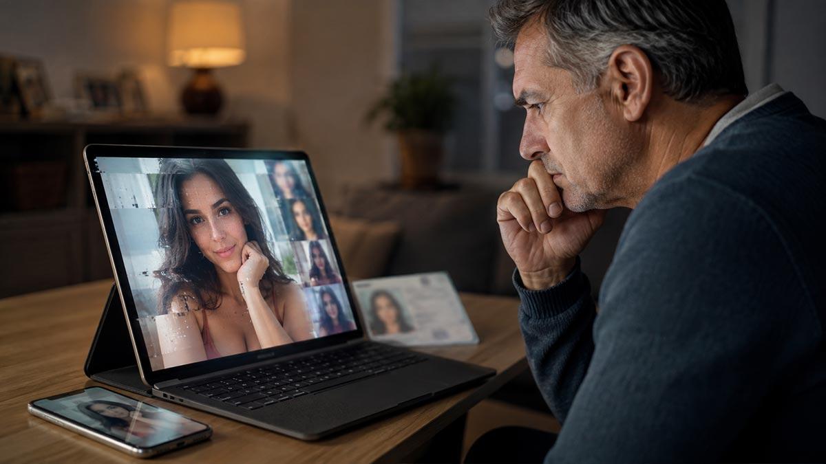 Hombre analizando un perfil de citas posiblemente manipulado con inteligencia artificial