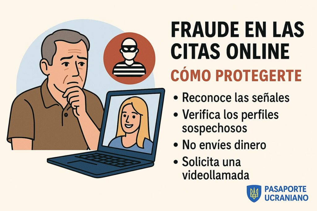 Hombre preocupado frente al ordenador con perfil sospechoso en citas online y consejos para evitar estafas amorosas.