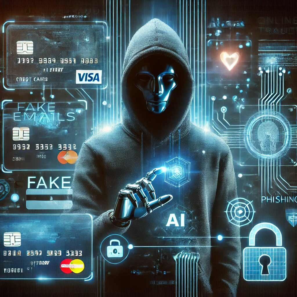 Ilustración de un fraude en línea con inteligencia artificial, mostrando un ciberdelincuente futurista con interfaces holográficas y alertas de phishing.