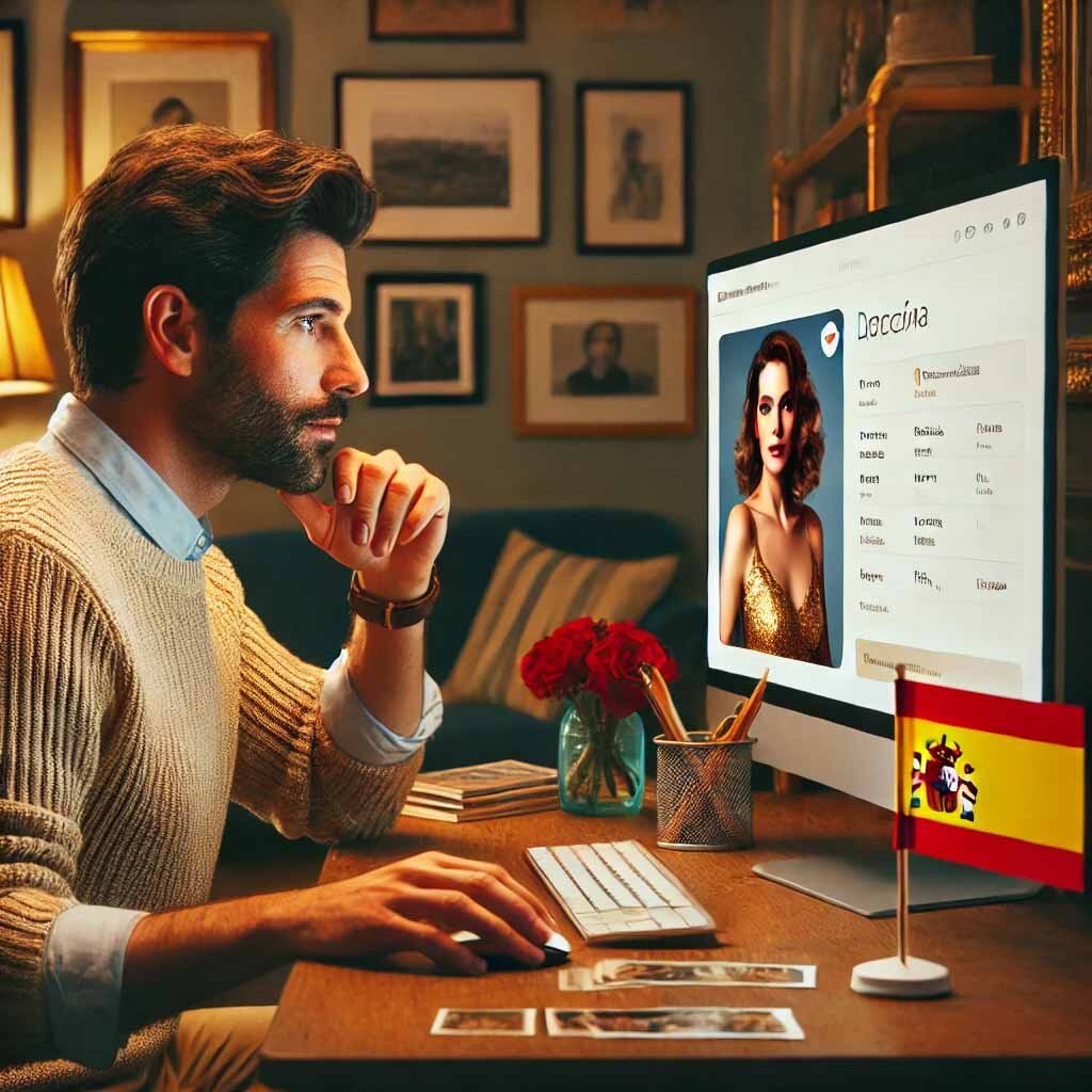 Hombre español mirando el perfil de una mujer rusa en un sitio de citas, con detalles en cirílico en la pantalla y decoración sutil española en el fondo