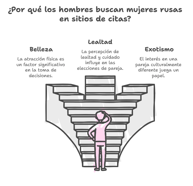 Gráfica circular que muestra los motivos principales por los que los hombres buscan mujeres rusas en sitios de citas: belleza, lealtad y exotismo