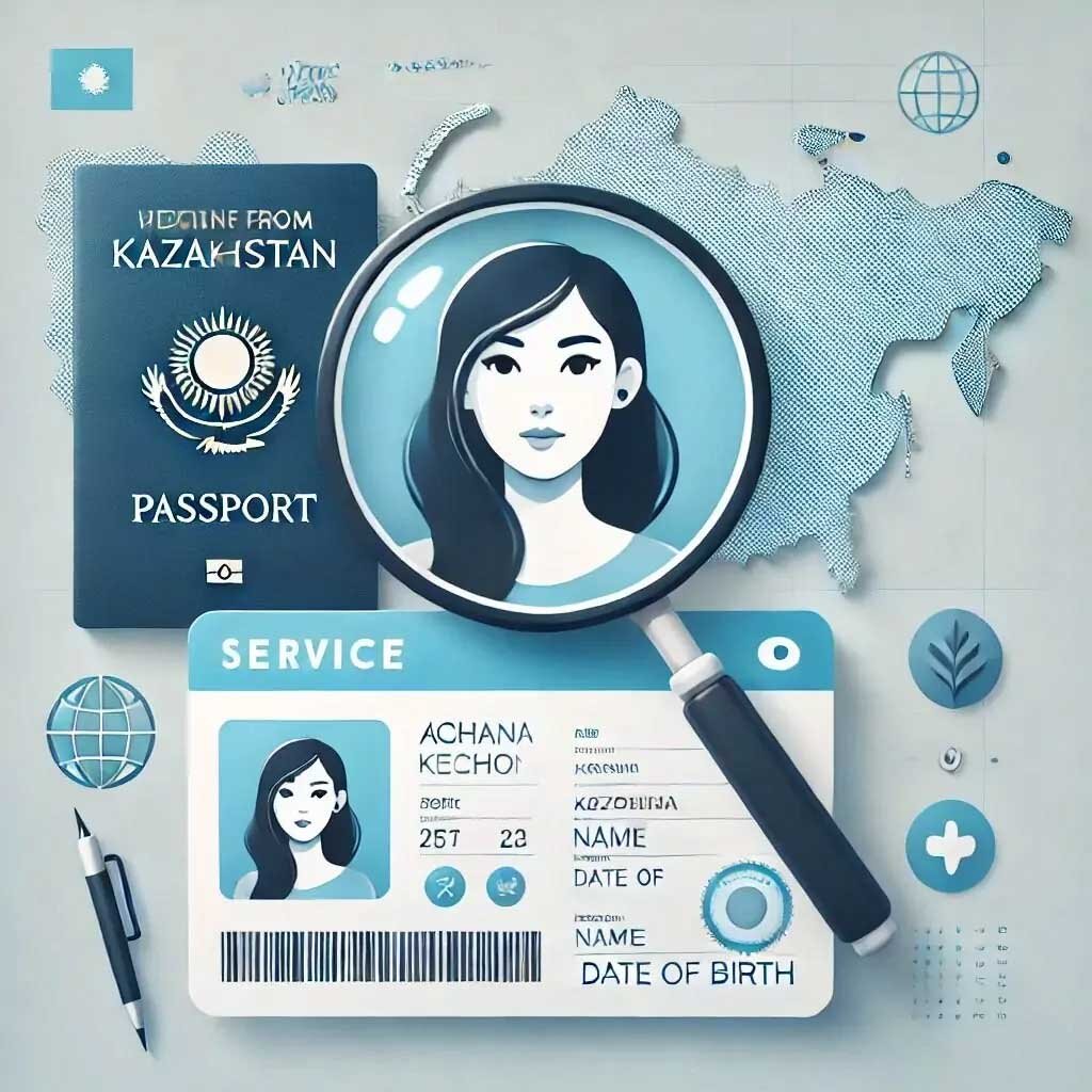 Una ilustración conceptual que muestra el proceso de verificación de una mujer de Kazajistán, incluyendo comprobación de pasaportes e identidad en línea.