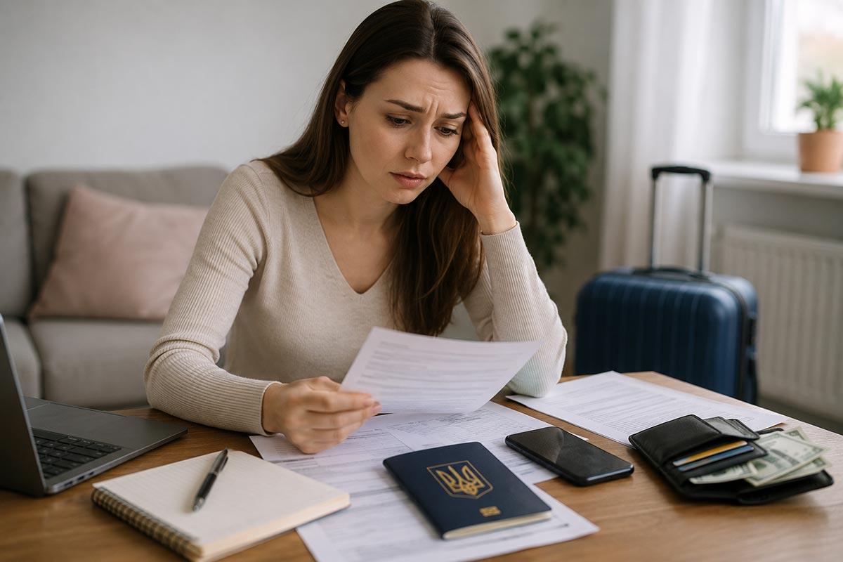Mujer ucraniana preocupada revisando documentos de crédito y deudas antes de viajar