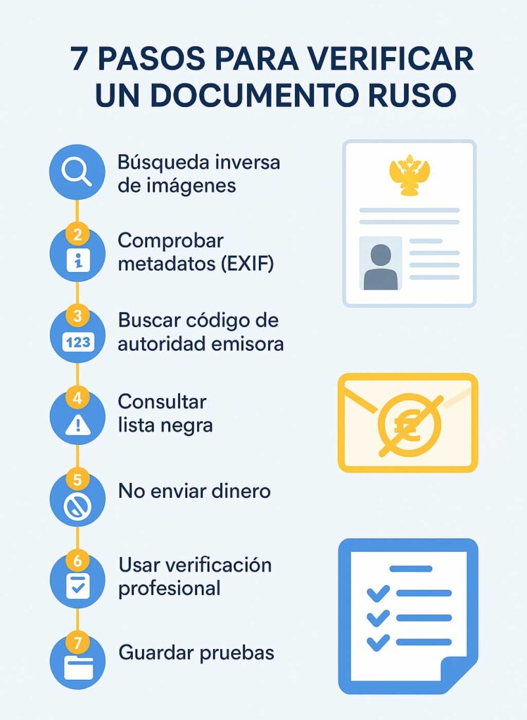 Infografía mostrando los 7 pasos esenciales para comprobar si un pasaporte ruso es auténtico y protegerse contra fraudes románticos en línea