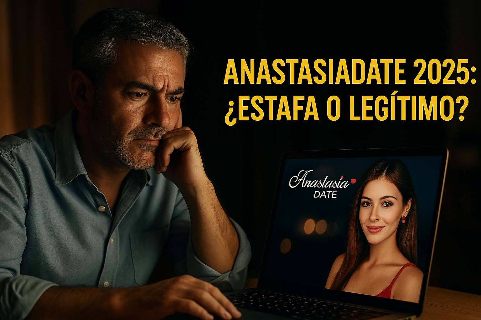 Hombre maduro analiza un perfil de mujer en AnastasiaDate con el texto: AnastasiaDate 2025, ¿estafa o legítimo?