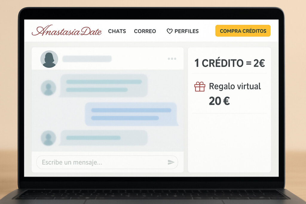 Precios reales AnastasiaDate 2025: interfaz con chat difuminado y lista de créditos