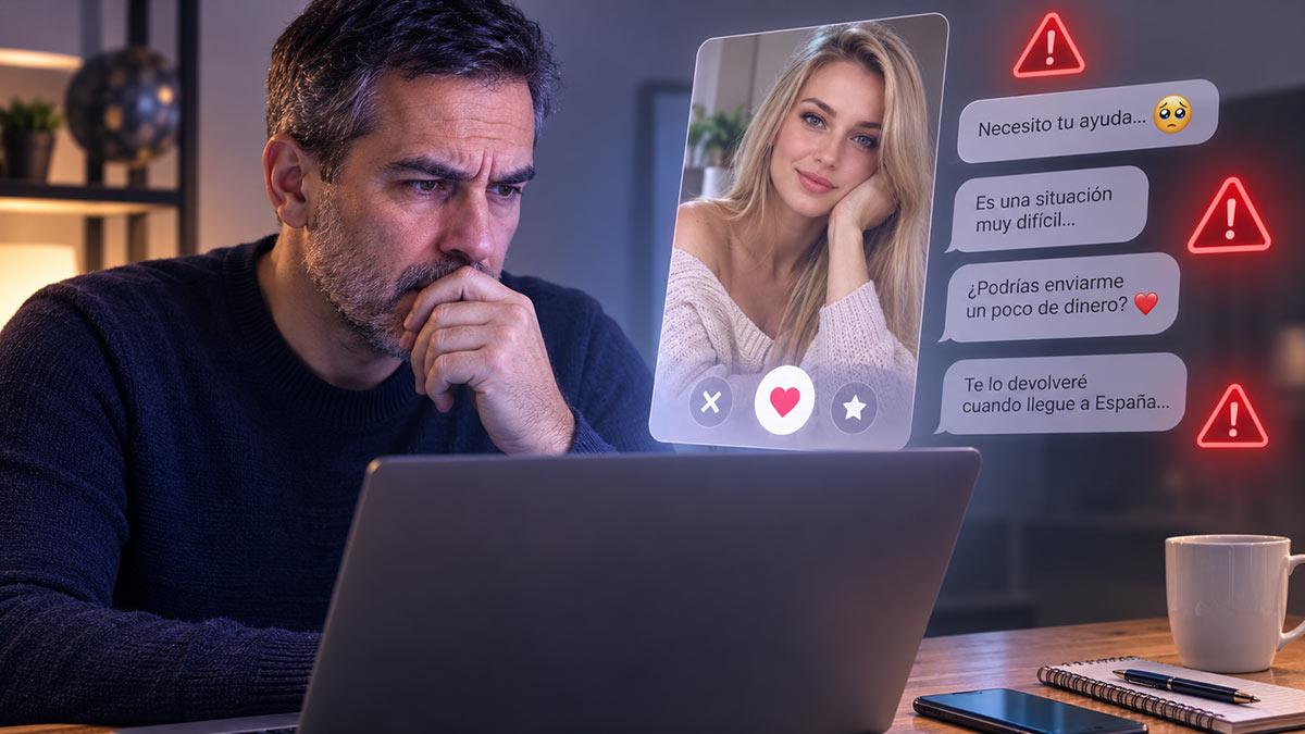 Hombre revisando un perfil de citas y mensajes con solicitudes de dinero para detectar una posible estafa romántica en España