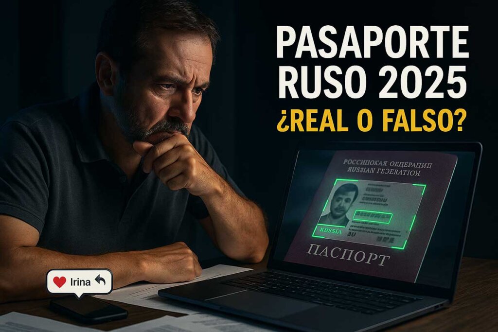 Hombre maduro analiza un pasaporte ruso en su ordenador, con expresión seria y mensaje de “Irina” en su móvil