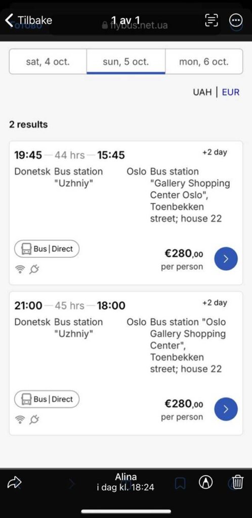 Captura de un supuesto billete de autobús Donetsk–Oslo (280 €) usada como “prueba” en una estafa romántica; ruta y precio no verificables
