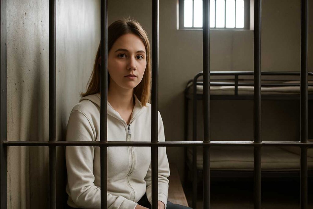 Mujer tras rejas en una celda; imagen que los estafadores usan para simular su detención.