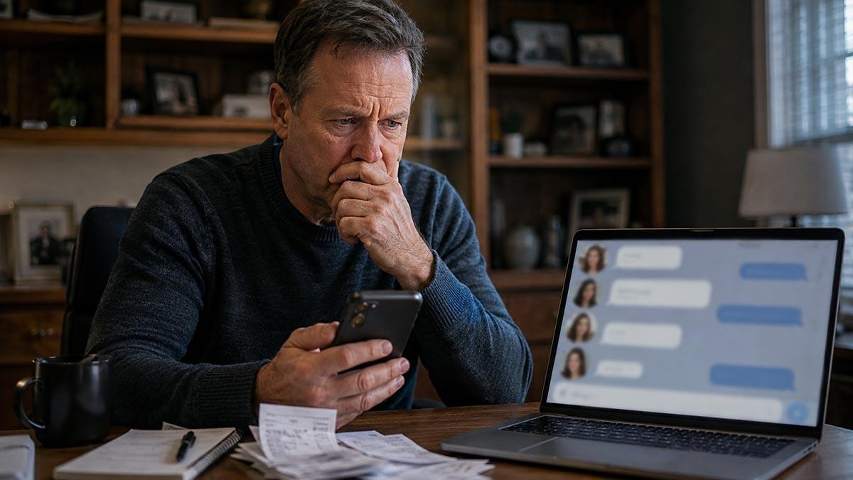 Hombre preocupado revisa mensajes y comprobantes de pago tras una estafa en Telegram con falsas evacuaciones y enfermeras
