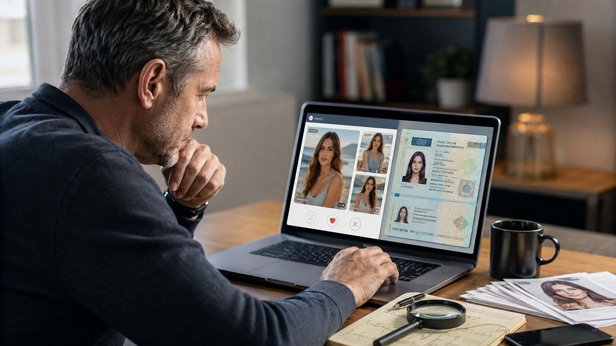 Hombre verificando fotos robadas y un pasaporte ucraniano falso en una posible estafa romántica