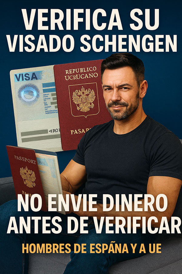 Hombre español comprobando en su portátil el visado Schengen de una mujer rusa o kazaja con mensaje de advertencia de no enviar dinero antes de verificar