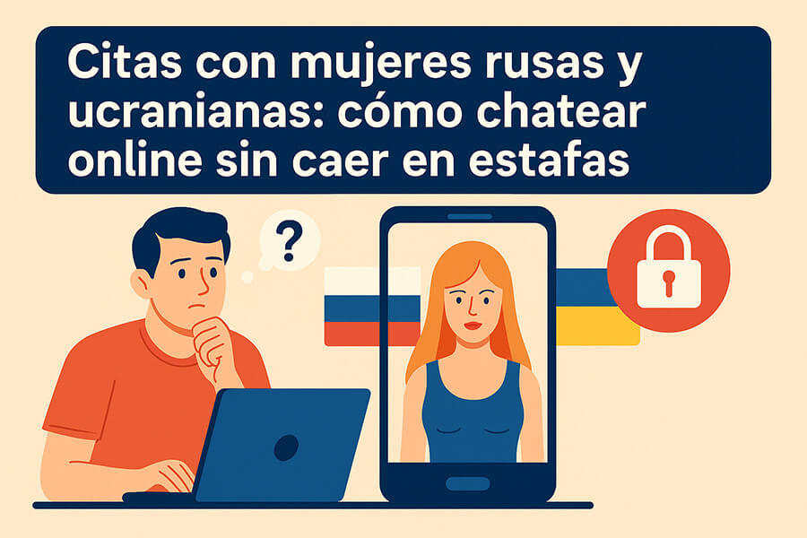 Hombre español chateando online con mujer rusa o ucraniana y un candado de seguridad para evitar estafas románticas