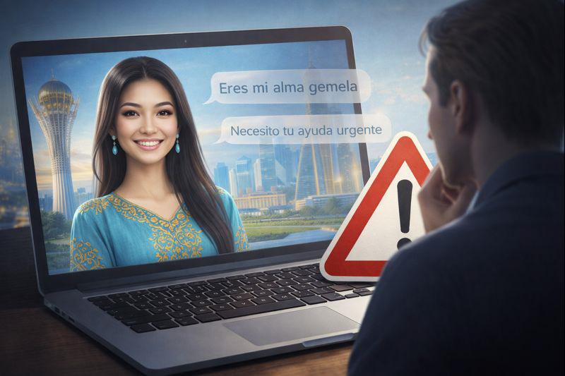 Hombre de España mirando en su portátil a una mujer de Kazajistán con mensajes de chat y un icono de advertencia sobre posibles estafas románticas