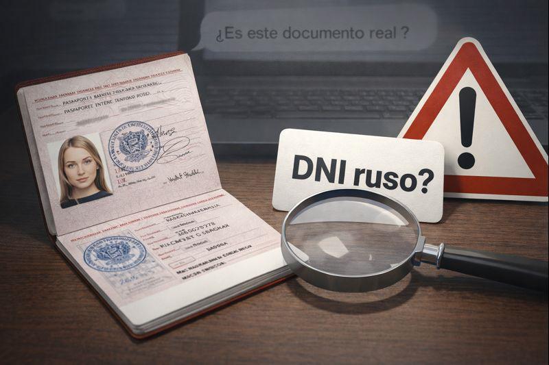 Pasaporte interno ruso abierto sobre una mesa junto a una tarjeta “DNI ruso?” y una lupa que simbolizan la verificación del documento de identidad