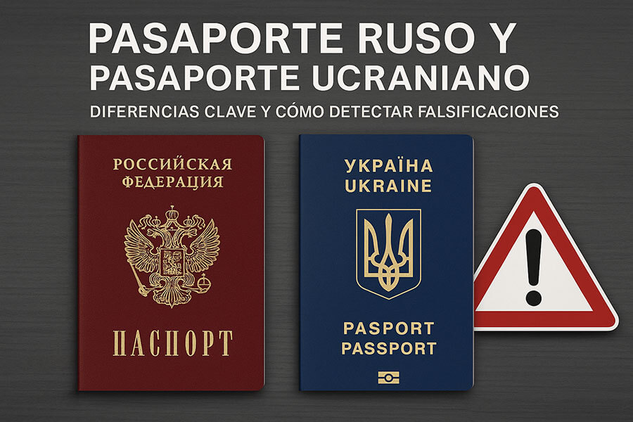 Pasaporte ruso y pasaporte ucraniano uno al lado del otro con un icono de advertencia sobre posibles falsificaciones