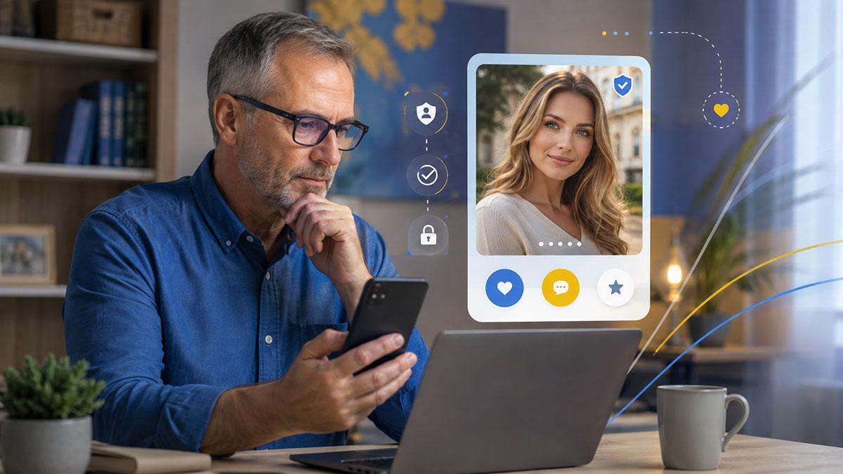 Bumpy opiniones: hombre revisando y verificando el perfil de una mujer ucraniana en una app de citas
