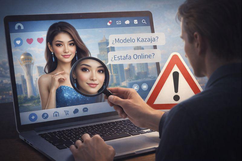 Hombre de España analizando en su portátil el perfil de una modelo de Kazajistán con lupa y un símbolo de advertencia sobre posible estafa online