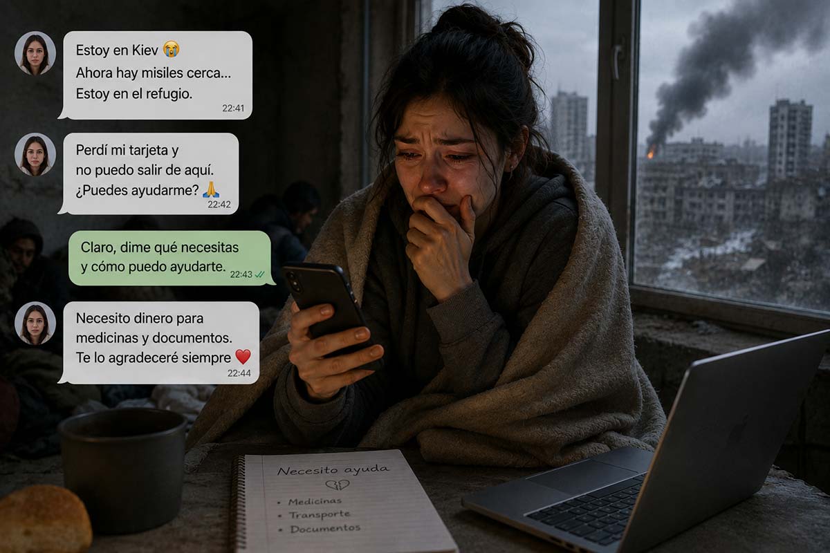 Mujer ucraniana pidiendo dinero durante la guerra en un posible caso de estafa romántica