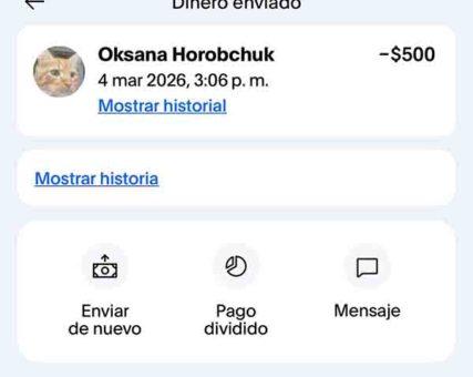 Captura de pago PayPal de 500 dólares enviado a Oksana Horobchuk en el caso Vikki Mur