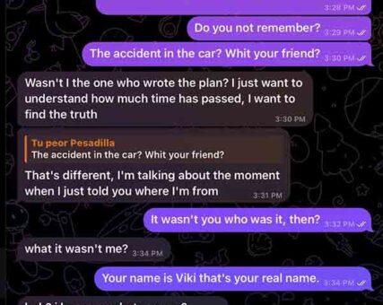 Captura de Telegram donde la persona detrás del caso Vikki Mur se confunde sobre su identidad