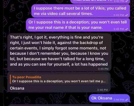 Captura de Telegram donde la persona usa el nombre Oksana Gorobchyk en el caso Vikki Mur