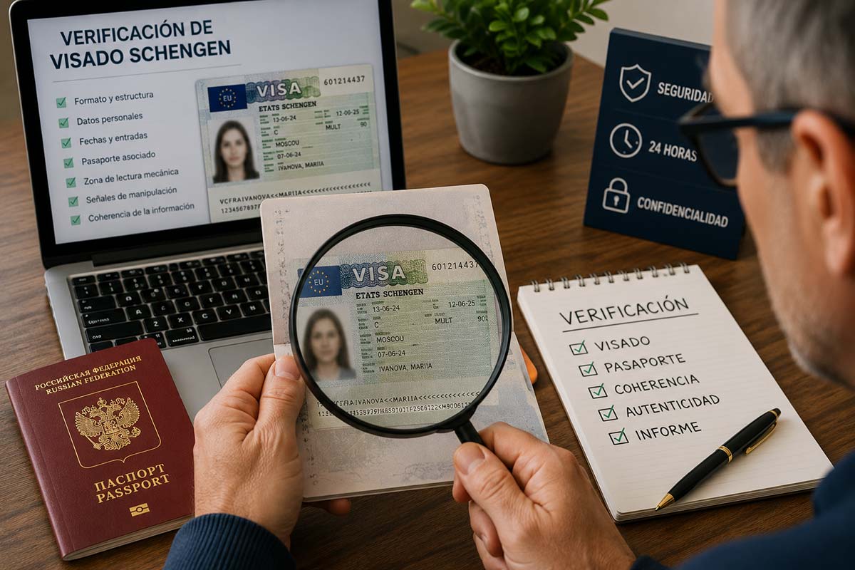 Verificación de visado Schengen de una mujer de Rusia o Kazajistán para detectar falsificaciones y manipulación