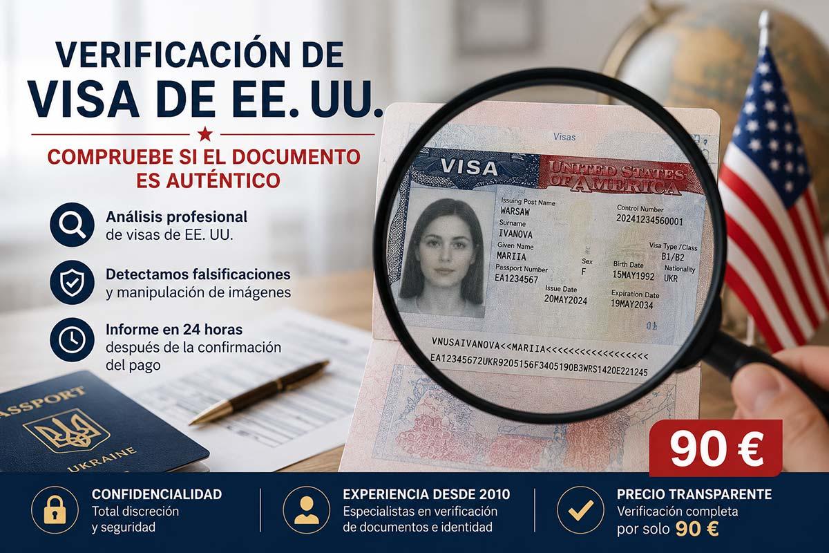 Verificación de visa de Estados Unidos de una mujer de Ucrania, Rusia o Kazajistán para detectar falsificaciones y manipulación